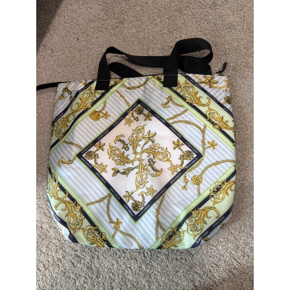 Victorias Secret Insulated Cooler Tote Bag Nautical Scarf Print Gold Anchors Zip